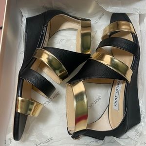 JIMMY CHOO Vacchetta/Mirror Black/Gold Strappy Wedge Sandals